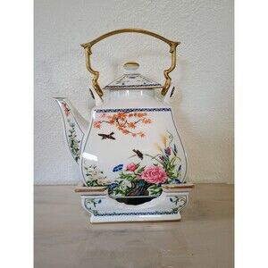 Vintage 1986FP Japan Fine China Teapot with Stand 3 Piece Floral Birds 11”